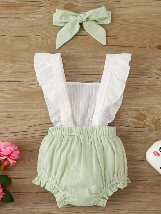 Baby Girl Ruffle Combo Pinafore Trim Bodysuit With Headband - Image 3