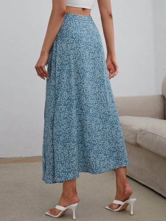 Ditsy Floral Split Thigh Knot Side Wrap Skirt - Image 2