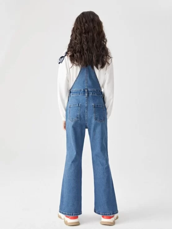 Girls 1pc Front Denim Flare Leg Pocket Overalls Without Pullover - Image 3