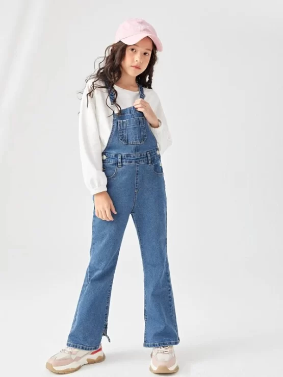 Girls 1pc Front Denim Flare Leg Pocket Overalls Without Pullover - Image 2