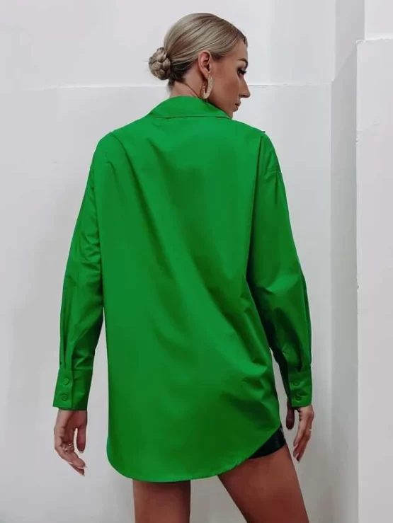 Solid Collar Button Up Front Longline Blouse - Image 3