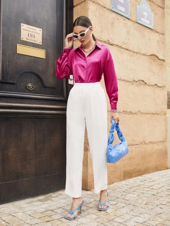Button Up Front Collar Drop Shoulder Blouse - Image 5