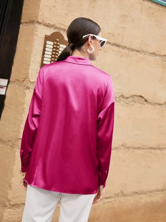 Button Up Front Collar Drop Shoulder Blouse - Image 4