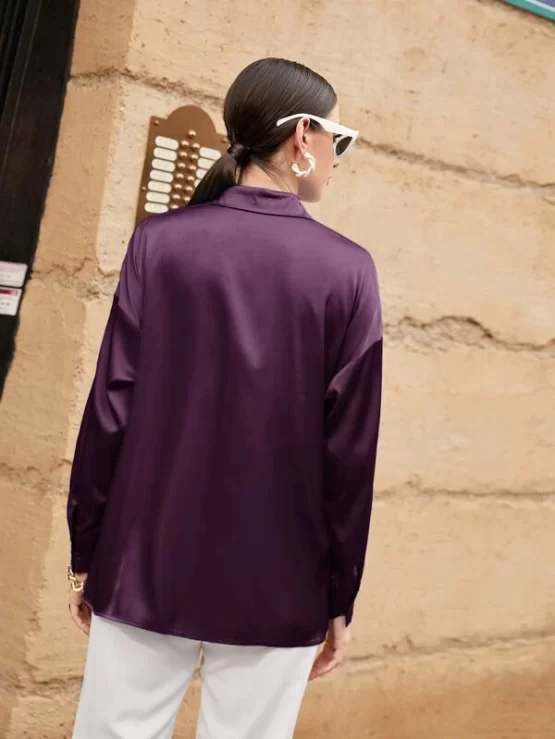Button Up Front Collar Drop Shoulder Blouse - Image 3