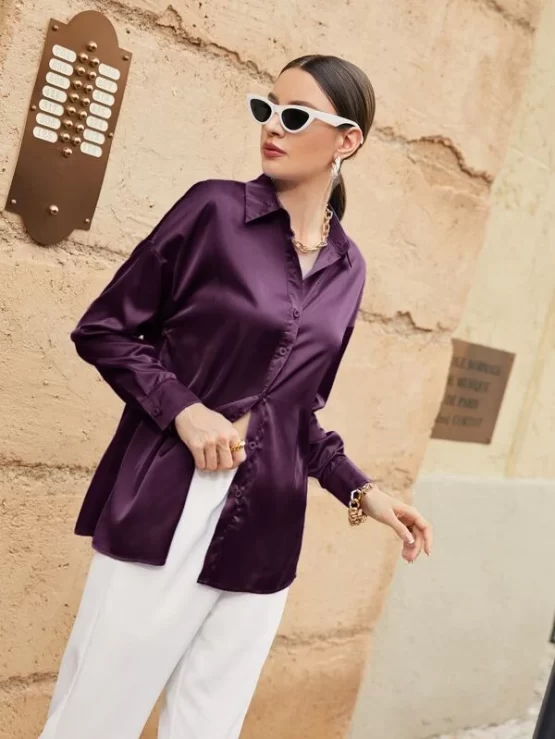 Button Up Front Collar Drop Shoulder Blouse - Image 2