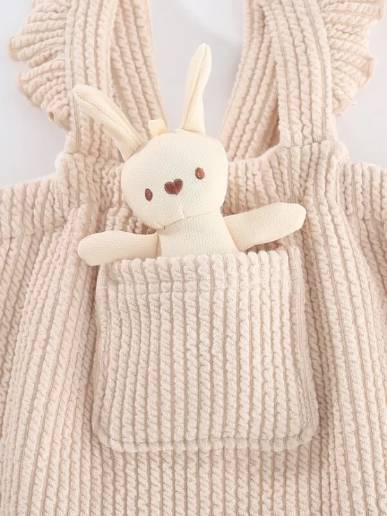 Peninsula Baby Pocket Ruffle Trim Overall Front Jumpsuit With Rabbit Doll - Image 3