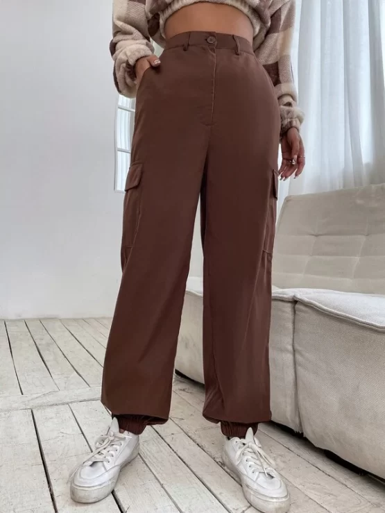 Flap Pocket Zipper Fly High Waist Side Cargo Pants - Image 3