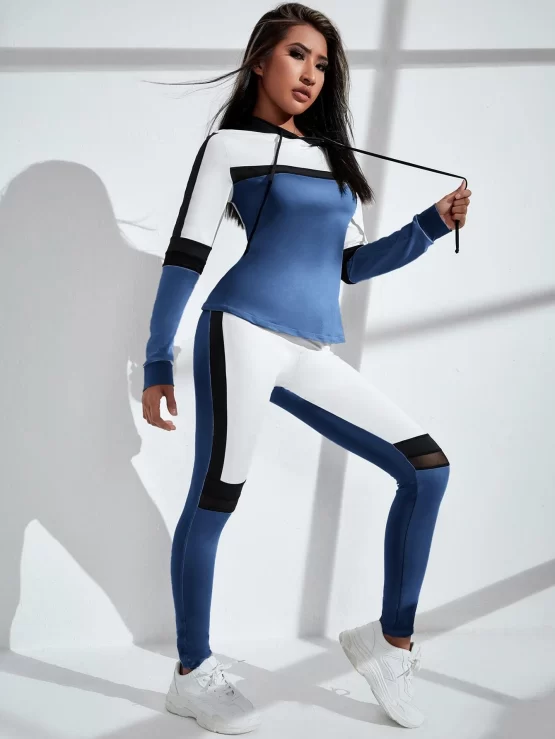 Color Block Drawstring Detail Sports Hoodie & Contrast Mesh Sports Leggings - Image 3