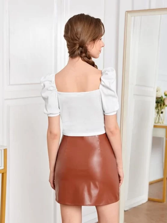 Teen Girls Ribbed Knit Puff Sleeve Top & PU Leather Skirt - Image 2