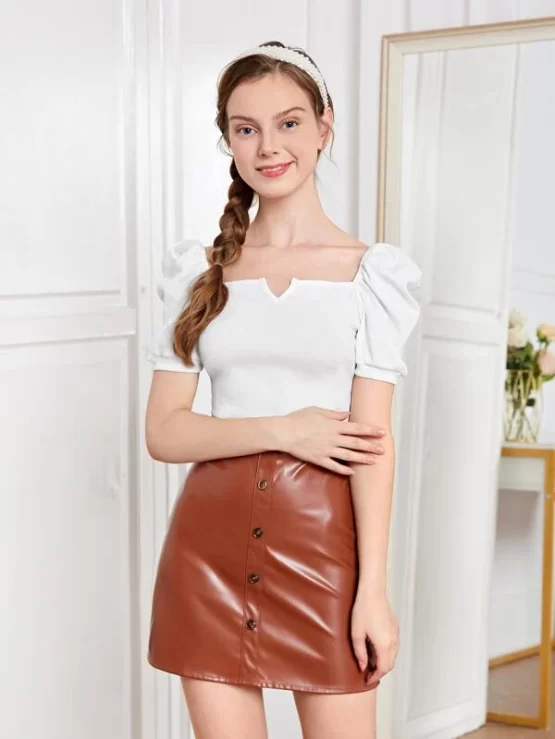 Teen Girls Ribbed Knit Puff Sleeve Top & PU Leather Skirt - Image 3