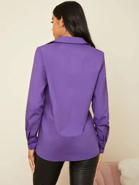 Solid Plain Single Button Placket Front Blouse - Image 2