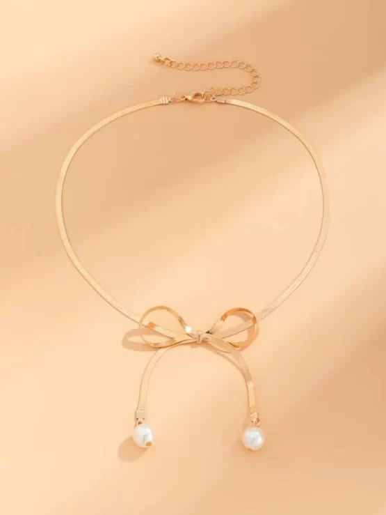 Fashionable Copper Bow Pearls Decor Necklace - Image 2