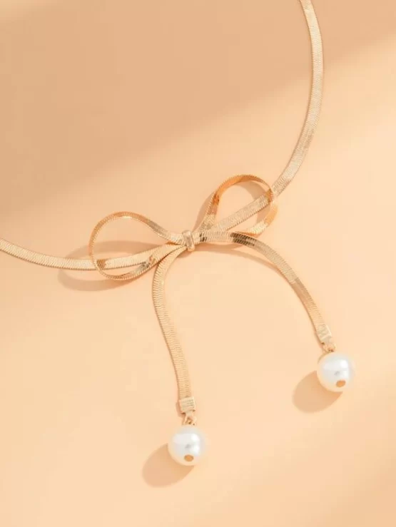 Fashionable Copper Bow Pearls Decor Necklace - Image 3