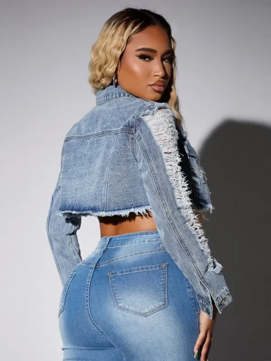 Ripped Pocket Button Front Raw Hem Denim Jacket - Image 2