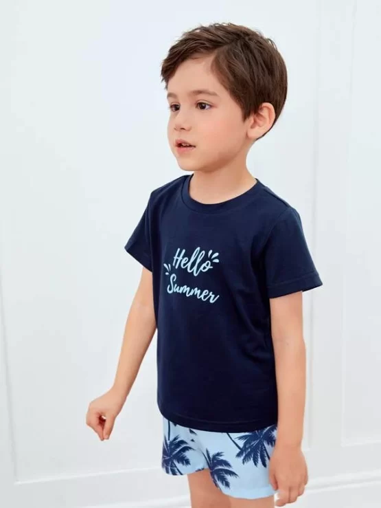 Toddler Boys Letter Graphic Tee & Coconut Tree Print Shorts - Image 2
