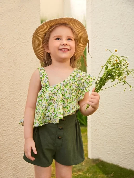 Toddler Girls Floral Print Asymmetrical Neck Ruffle Top & Button Fly Shorts - Image 2