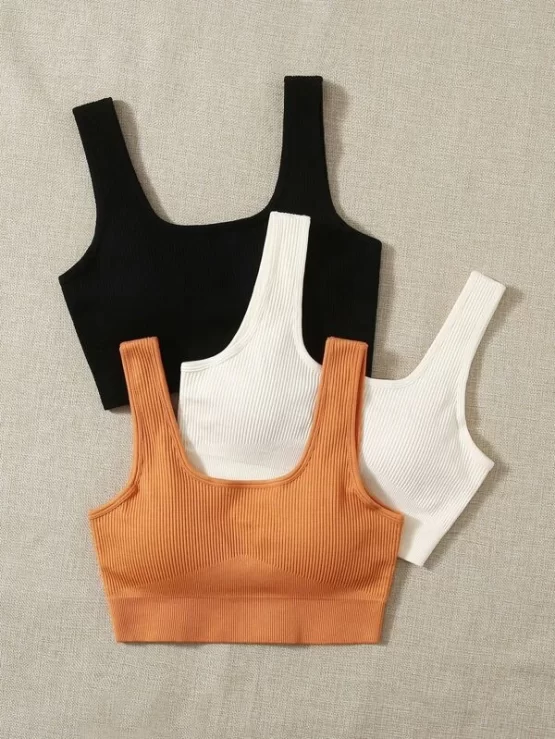 Seamless Breathable 3pcs Ribbed Knit Solid Sports Bra - Image 2