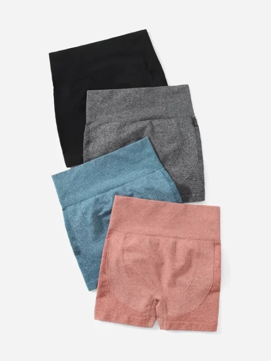 4pcs Seamless Wideband Waist Eyelet Detail Topstitching Sports Shorts - Image 2