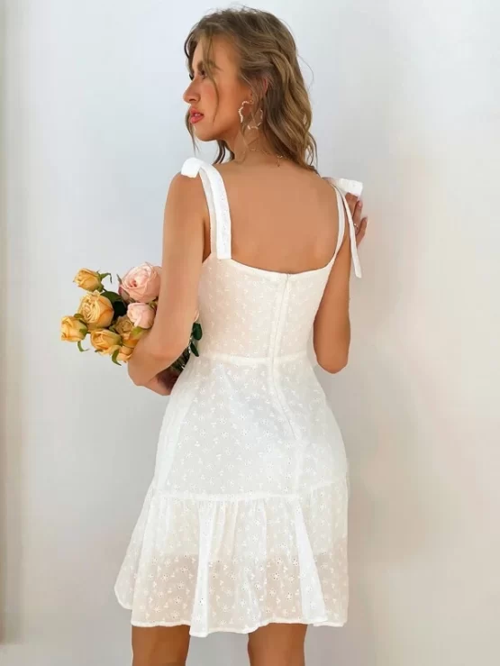 Tie Shoulder Ruffle Hem Eyelet Embroidered Cami Dress - Image 3