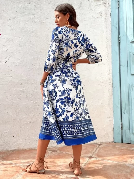 Floral Print Lantern Fake Button Sleeve Dress - Image 3
