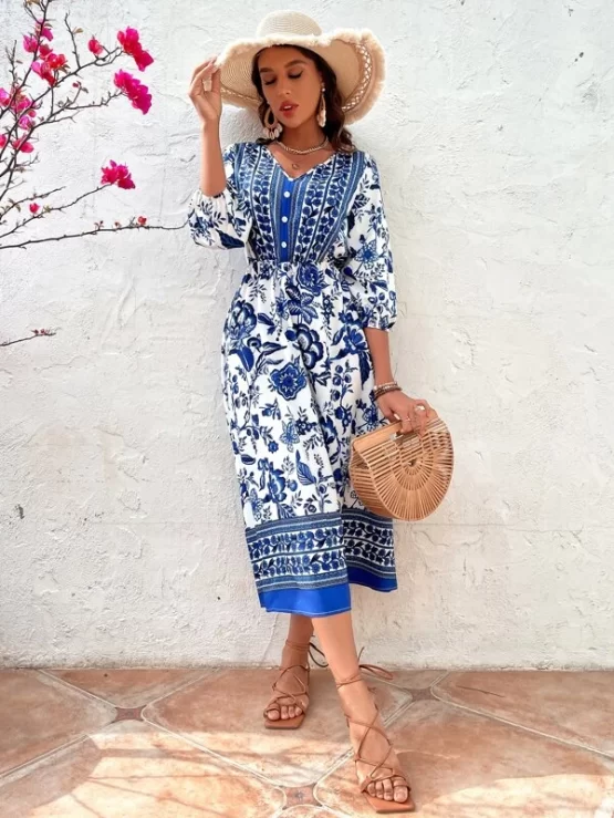Floral Print Lantern Fake Button Sleeve Dress - Image 2