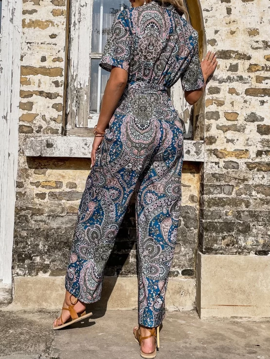 Floral & Paisley Print Belted Wide Leg Jumpsuit - Image 2