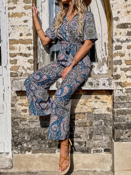 Floral & Paisley Print Belted Wide Leg Jumpsuit - Image 3