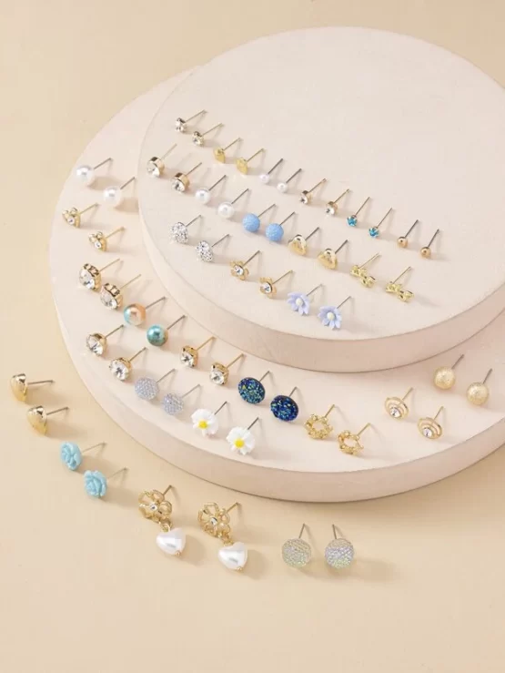 30 pairs Rhinestone & Faux Pearl Stud Decor Earrings - Image 3
