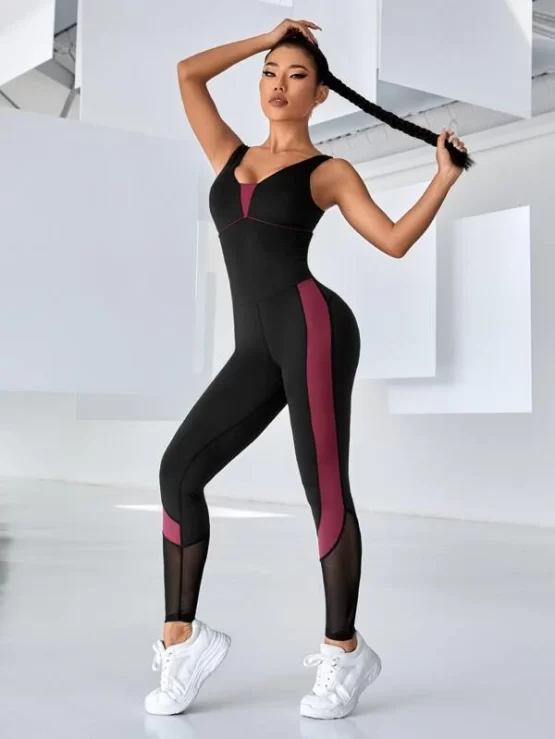 Color Block Contrast Mesh Lace Up Sports Jumpsuit - Image 2