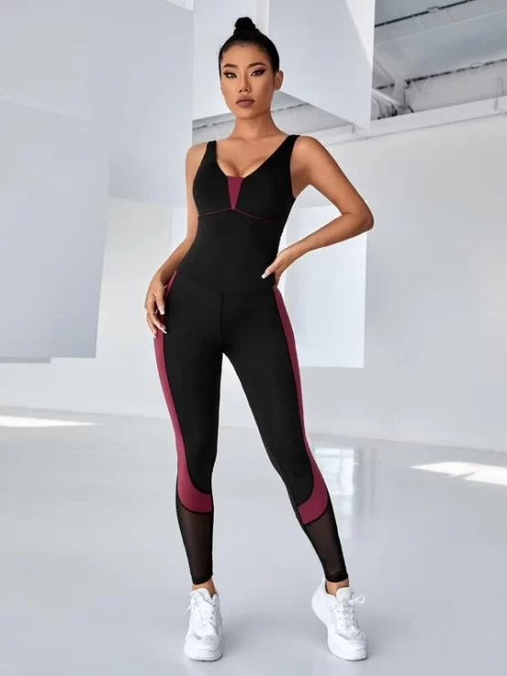 Color Block Contrast Mesh Lace Up Sports Jumpsuit - Image 3