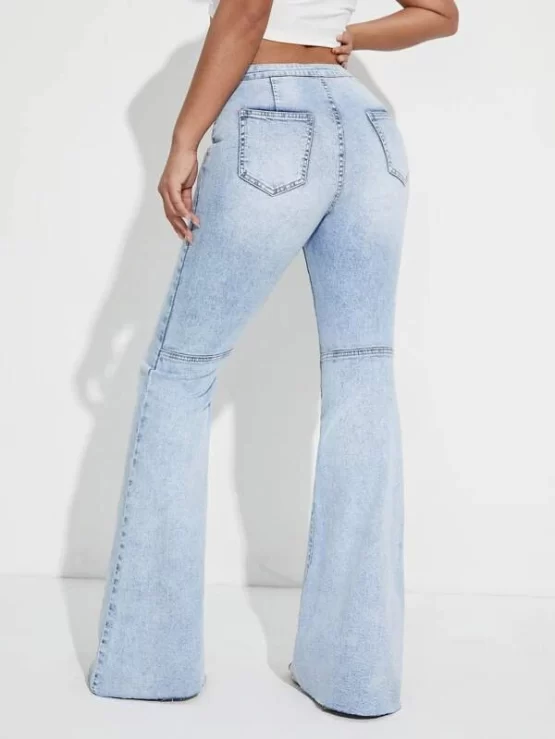 Raw Hem Button Pocket Zipper Flare Leg Jeans - Image 2