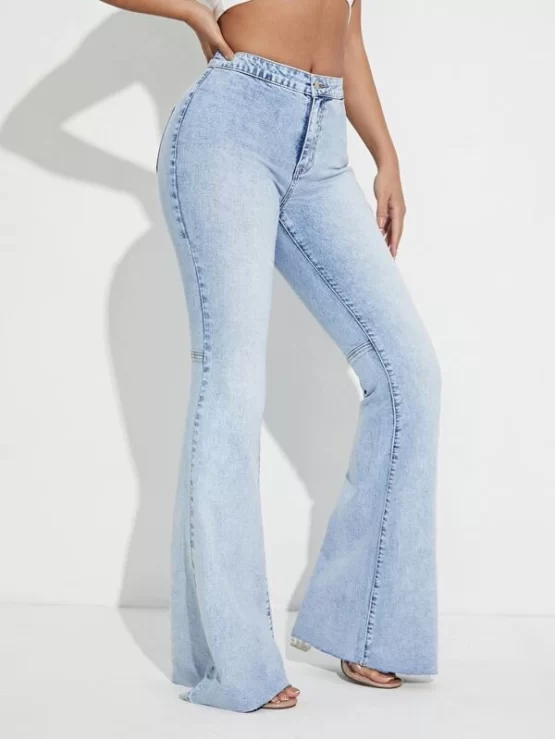 Raw Hem Button Pocket Zipper Flare Leg Jeans - Image 3