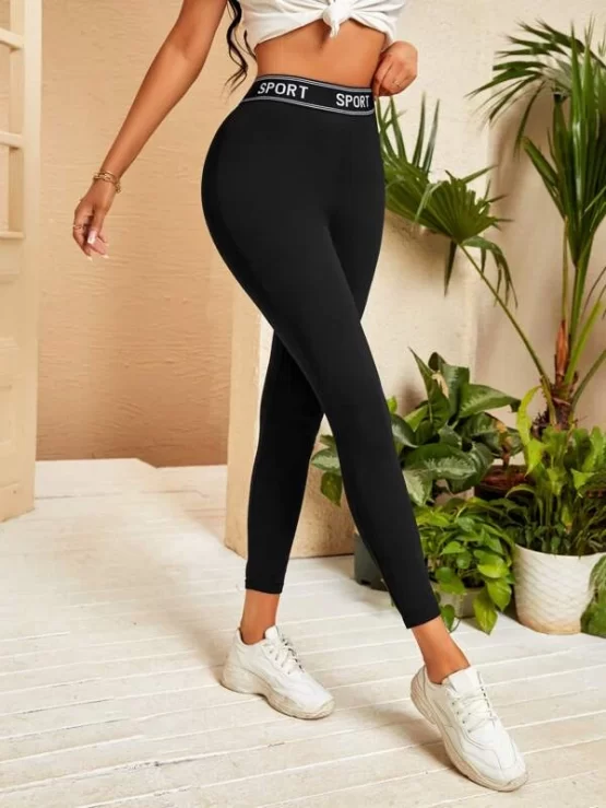 Contrast Cropped Letter Tape Sporty Leggings - Image 2