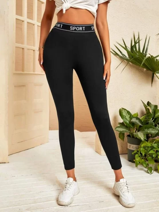 Contrast Cropped Letter Tape Sporty Leggings - Image 3