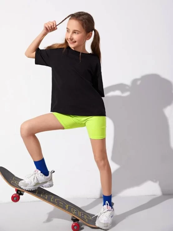 Girls Slogan Graphic Top & Neon Lime Biker Shorts - Image 2