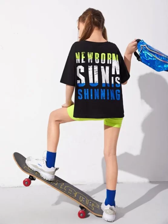 Girls Slogan Graphic Top & Neon Lime Biker Shorts - Image 3