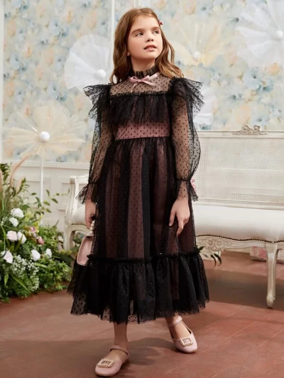 Girls 1pc Ruffle Dobby Mesh Overlay Trim Dress - Image 3