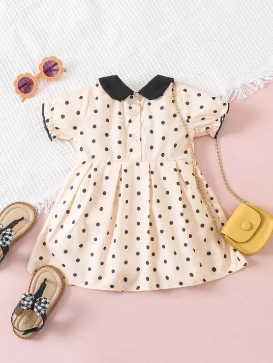 Baby Polka Dot Puff Peter-pan Collar Fold Pleated Hem Sleeve Dress - Image 6