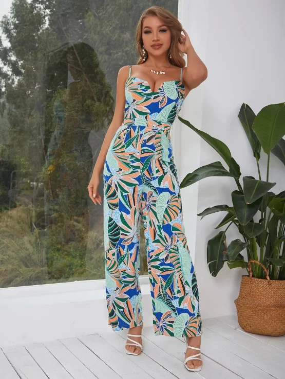D&M Belted Zipper Tropical Print Cami Jumpsuit - Image 3
