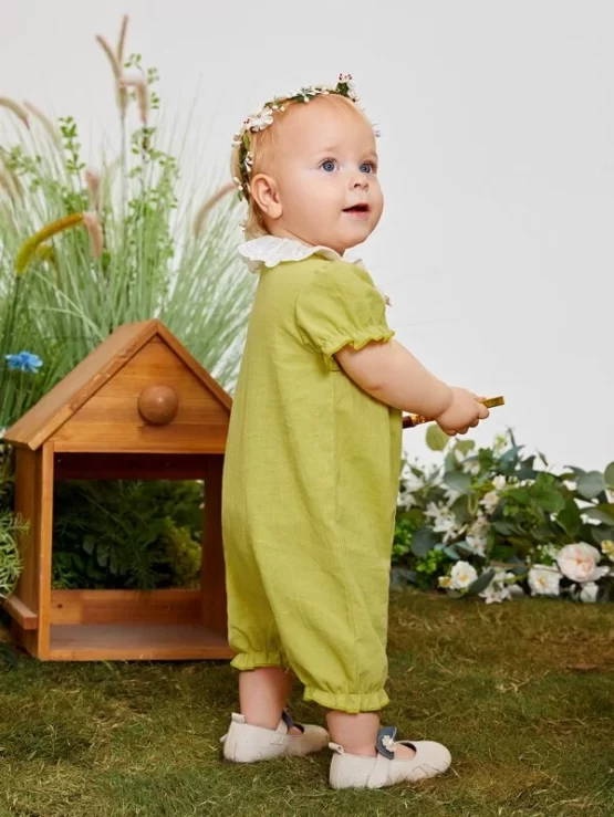 Baby Eyelet Embroidery Puff Sleeve Ruffle Hem Button Front Romper - Image 3