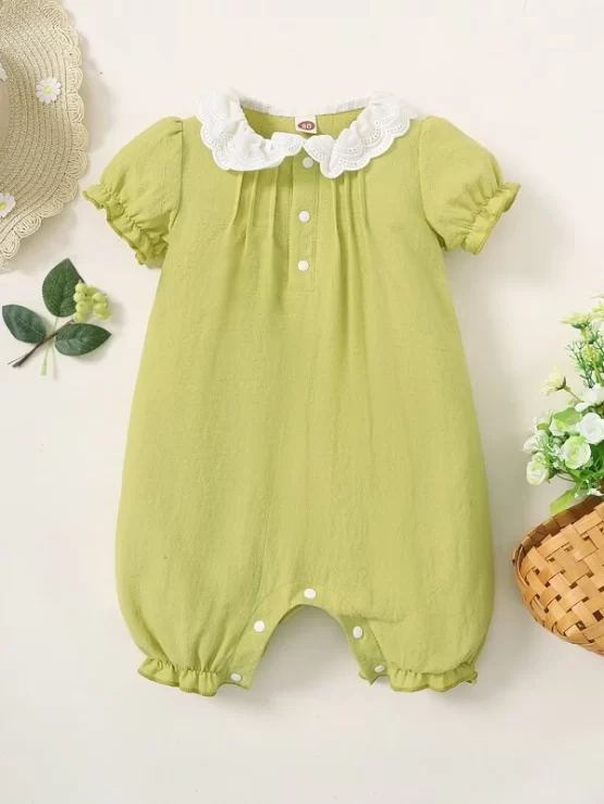 Baby Eyelet Embroidery Puff Sleeve Ruffle Hem Button Front Romper - Image 2