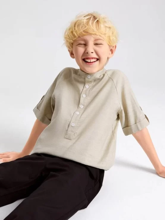 BASICS Boys Mock Neck Roll Up Sleeve Shirt - Image 5