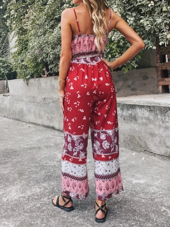 Floral & Polka Dot Print Knot Front Wide Leg Cami Jumpsuit - Image 2
