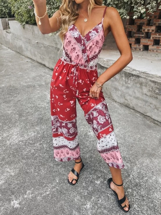 Floral & Polka Dot Print Knot Front Wide Leg Cami Jumpsuit - Image 3
