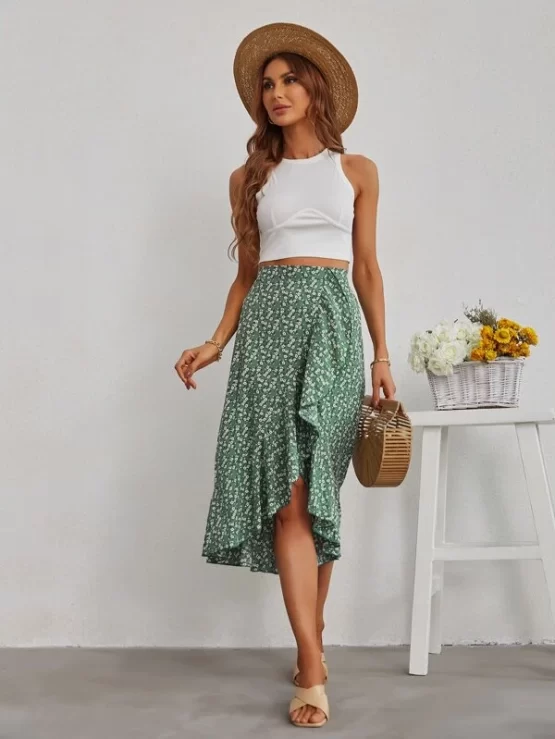 Ditsy Floral Print Ruffle Hem Trim Wrap Skirt - Image 3