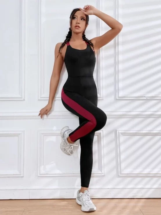 Contrast Side Seam Crisscross Backless Sports Jumpsuit - Image 3