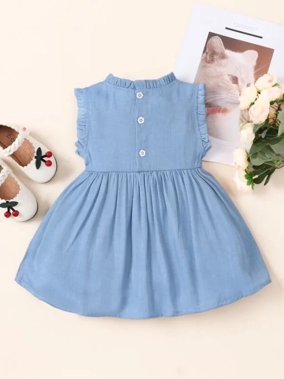 Baby Cartoon Rabbit Print Button Frill Trim Dress - Image 5