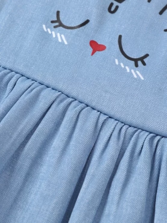 Baby Cartoon Rabbit Print Button Frill Trim Dress - Image 6