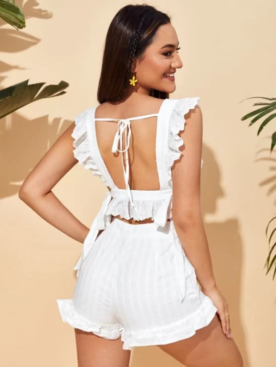 Tie Back Eyelet Embroidery Ruffle Trim Top & Shorts Set - Image 2