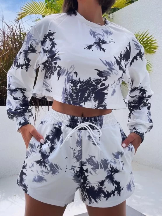 Absorbs Sweat Breathable Graphic Print Crop Sports Tee & Drawstring Waist Track Shorts - Image 3